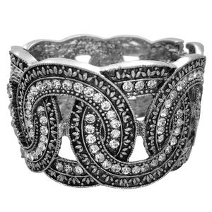 Large Chunky Interlocking Circles Rhinestone Silver Hinged Bangle Bracelet